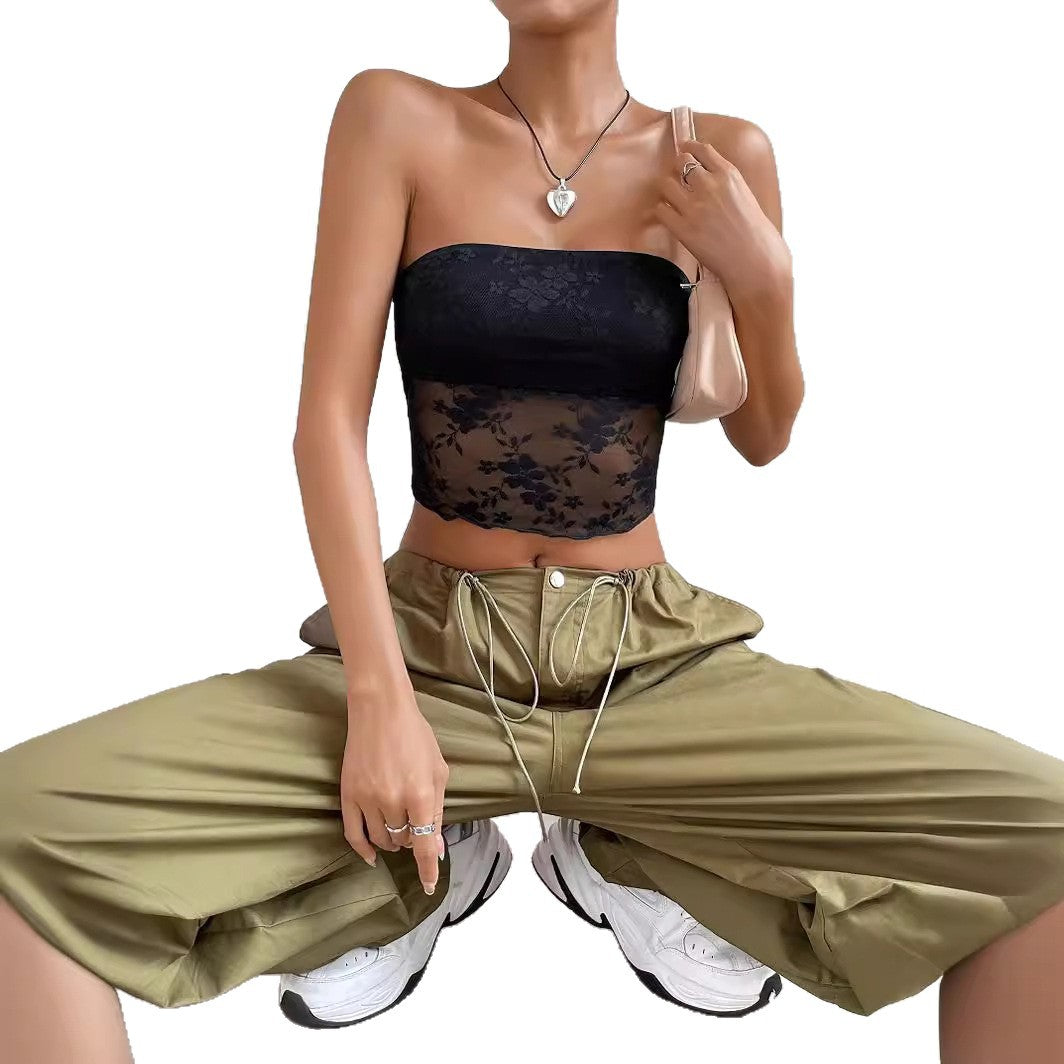 Damen transparente Crop-Top mit floralen Details R&B