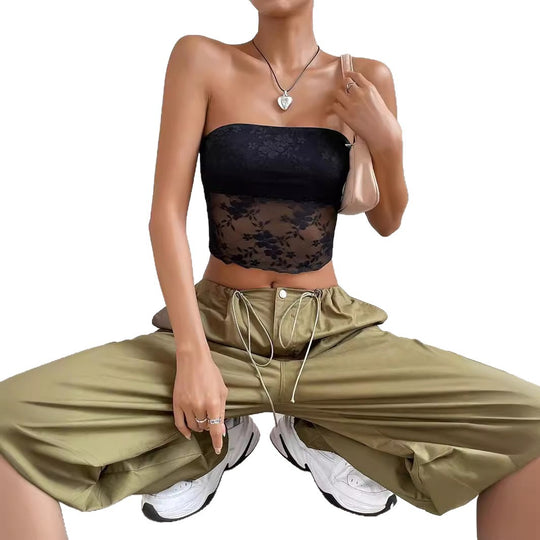 Damen transparente Crop-Top mit floralen Details R&B
