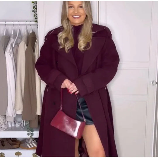 Damen Elegante Oversized-Wolljacke mit tiefem Revers und seitlichen Taschen R&B