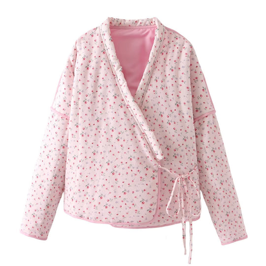 Damen Bluse im Kimono-Stil mit floralen Mustern und Bindegürtel R&B
