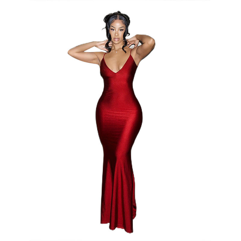 Damen elegantes figurbetontes Abendkleid mit Spaghettiträgern und fließendem Schnitt R&B