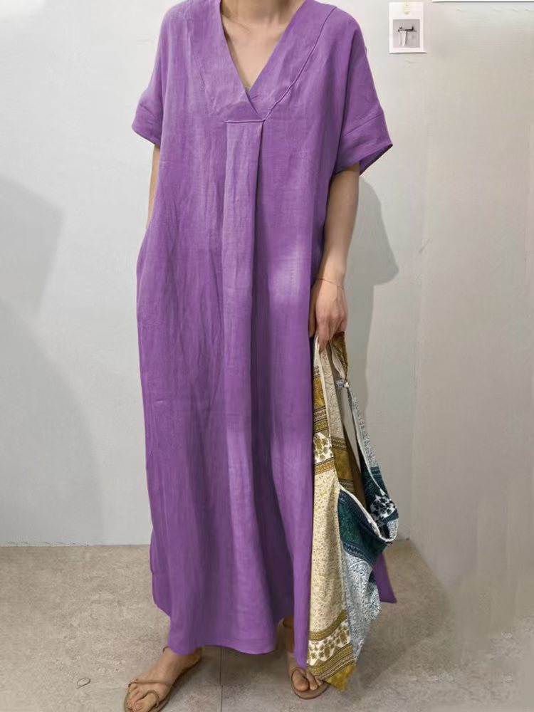 Damen Langes Leinenkleid mit V-Ausschnitt und lässigem Schnitt R&B