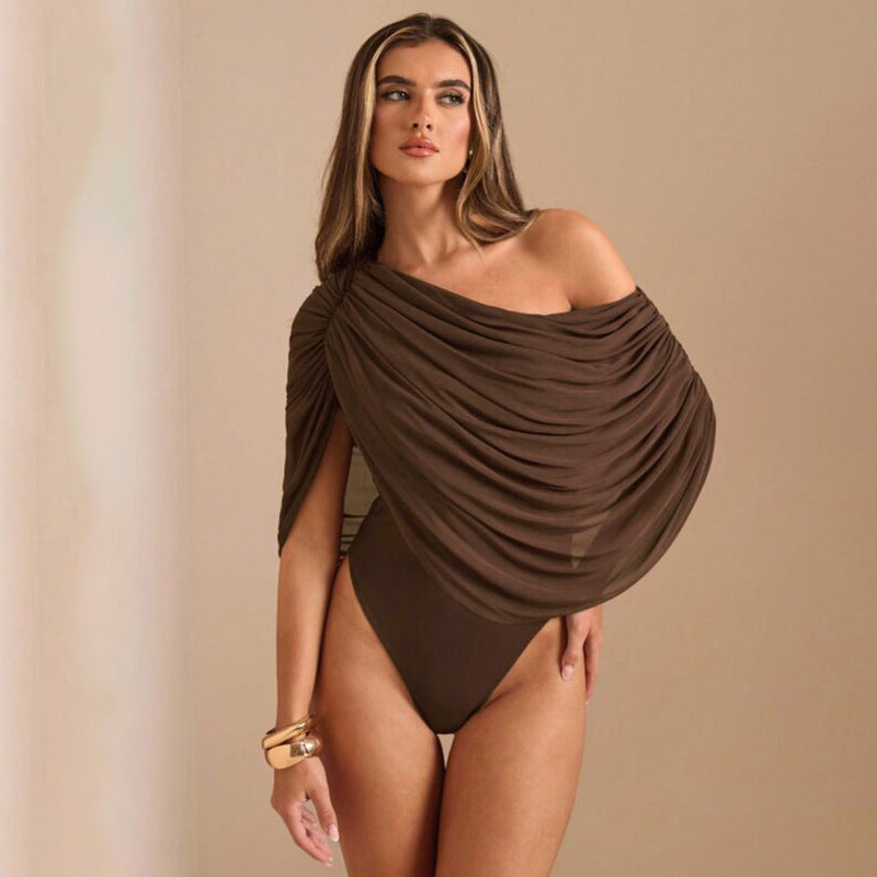 Damen Einseitiger Chiffon-Bodysuit mit Drapierungen R&B