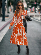 Damen Midikleid mit modernem geometrischen Muster und elastischem Bund R&B