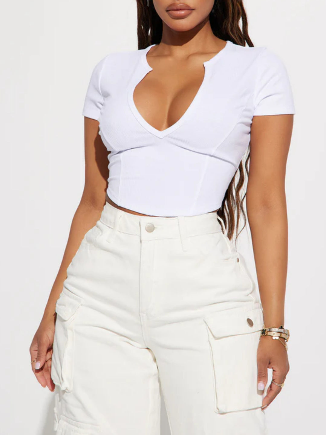 Damen Cropped Shirt mit v-förmigem Ausschnitt R&B