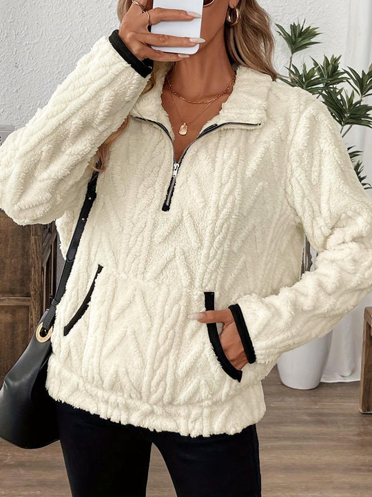 Damen modischer Fleece-Pullover mit halbem Reißverschluss und Taschen R&B
