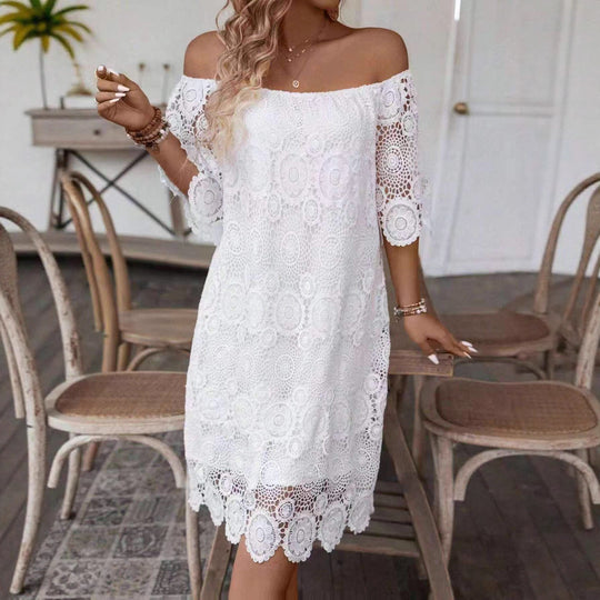 Damen nan schulterfreies Häkel-Midikleid mit Carmen-Ausschnitt und floraler Spitzenbordüre R&B