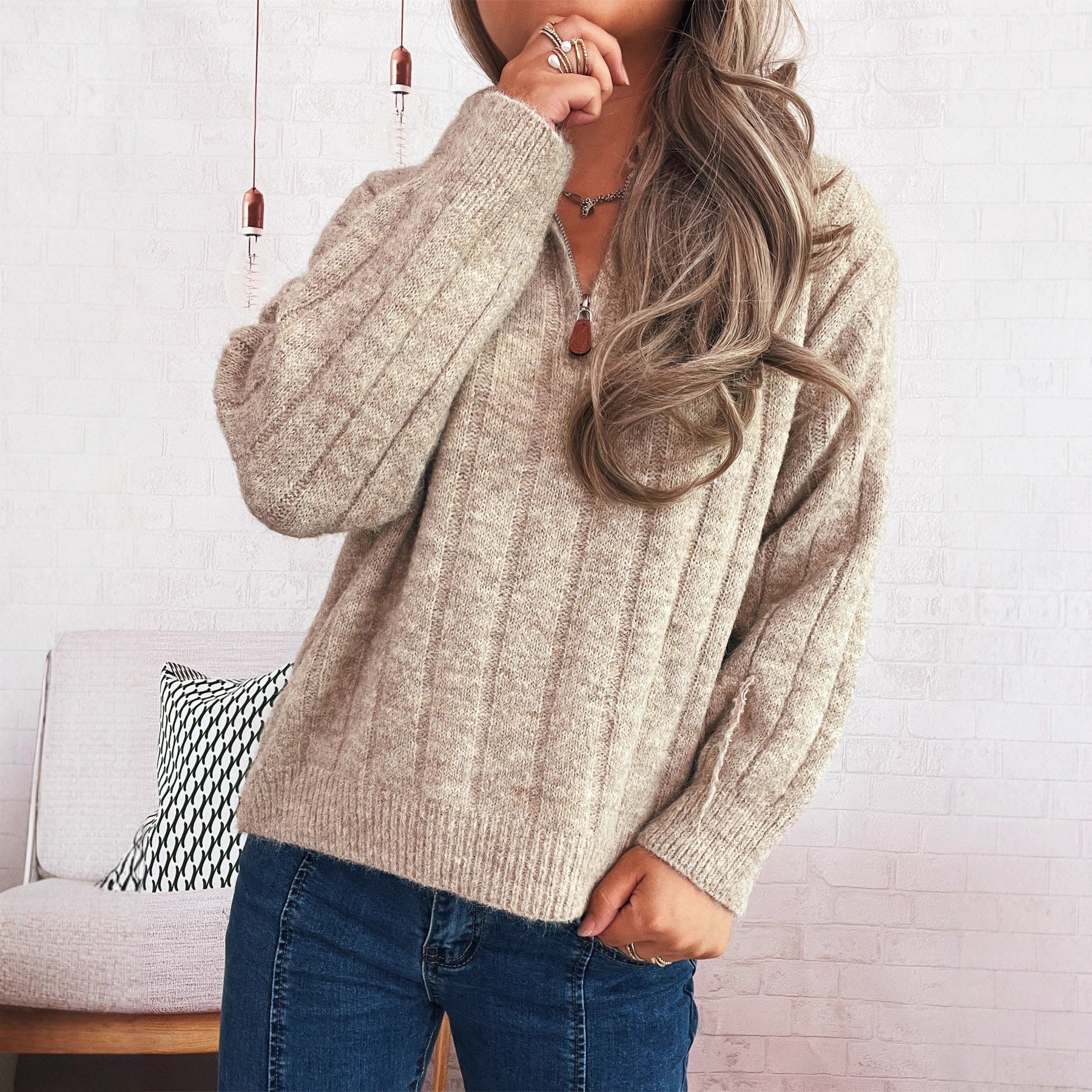 Damen Strickpullover mit kurzer Reißverschlussleiste und Wellenstruktur R&B
