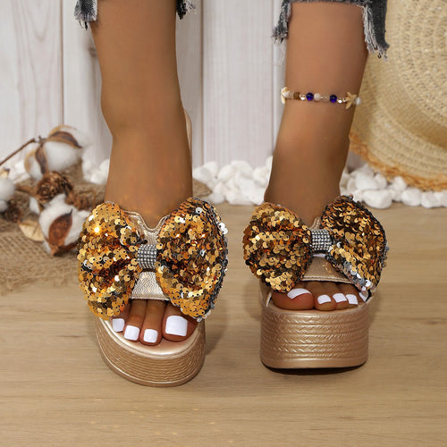Damen Plateau-Pantoletten mit glitzerndem Schleifen-Design R&B