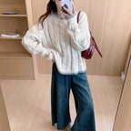 Damen Grob gestrickter Pullover mit Zopfmuster und Rundhalsausschnitt R&B