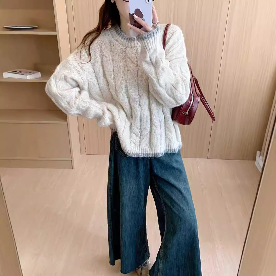 Damen Grob gestrickter Pullover mit Zopfmuster und Rundhalsausschnitt R&B