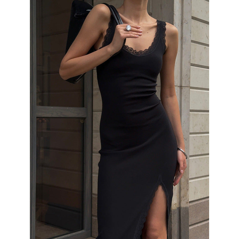 Damen Maxikleid mit Spitzenabschluss und hohem Schlitz R&B