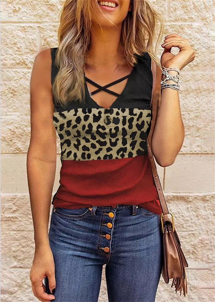 R&B | Damen Leopard Patchwork V-Ausschnitt Top