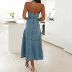 Damen lässiges Denim Maxikleid mit verspieltem Ausschnitt und Schnittdetails R&B