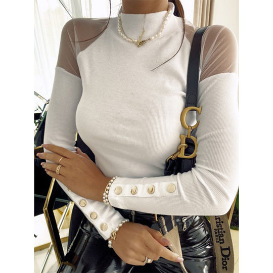 Damen Langarmshirt mit transparenten Ärmeln und Knopfdetails R&B