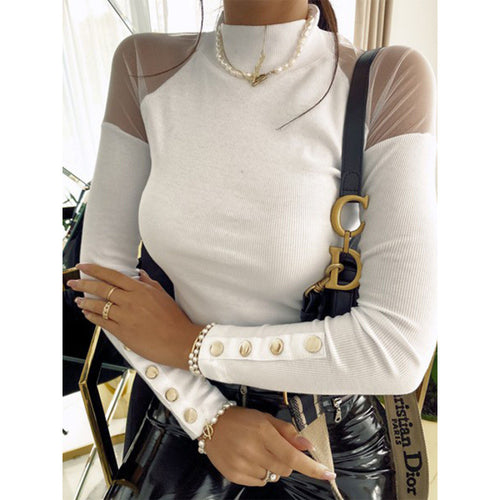 Damen Langarmshirt mit transparenten Ärmeln und Knopfdetails R&B