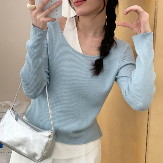 Damen lässiger V-Ausschnitt Strickpullover mit kontrastrierendem Saum R&B