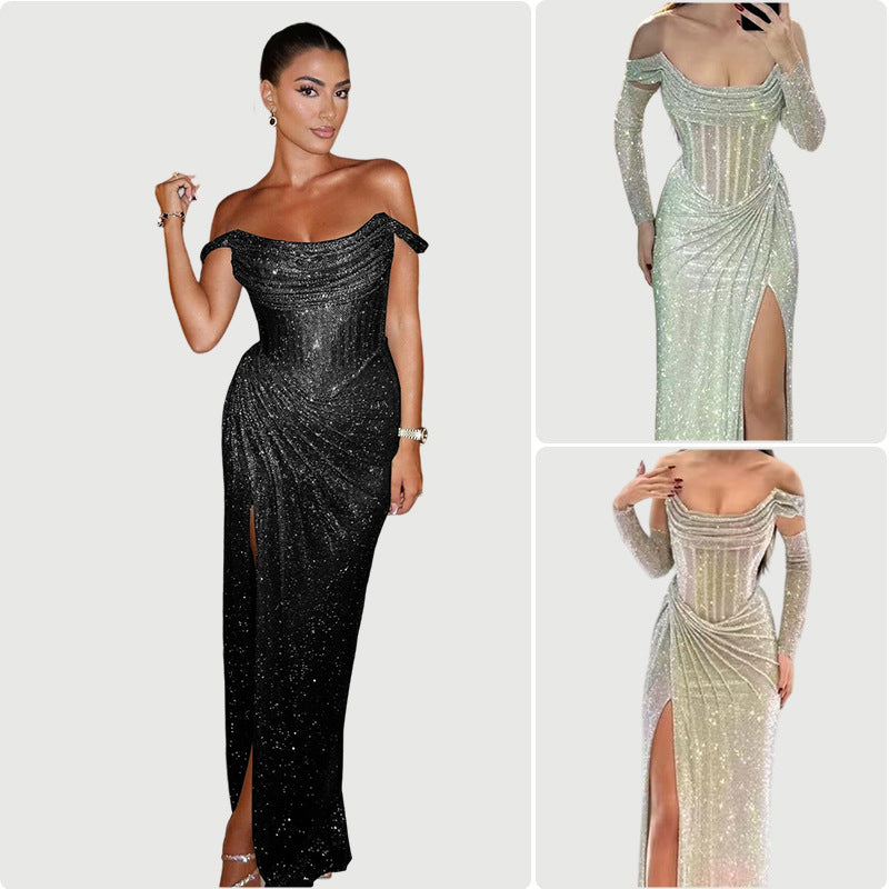 Damen Elegantes Abendkleid mit schimmerndem Schmuckdetail und drapiertem Rock R&B