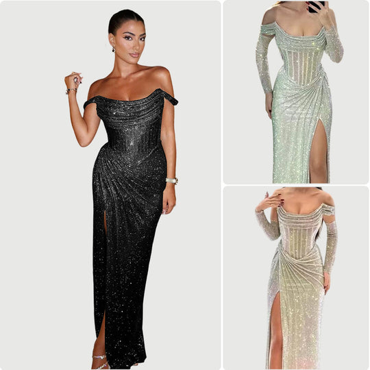 Damen Elegantes Abendkleid mit schimmerndem Schmuckdetail und drapiertem Rock R&B