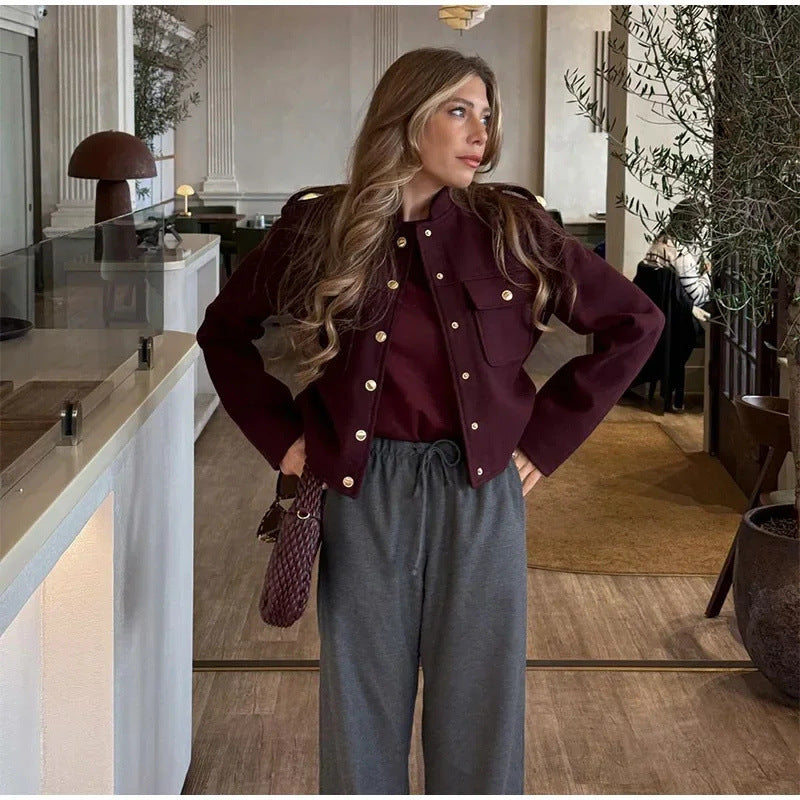 Damen Modische Kurzjacke mit praktischen Taschen und goldenen Druckknöpfen R&B