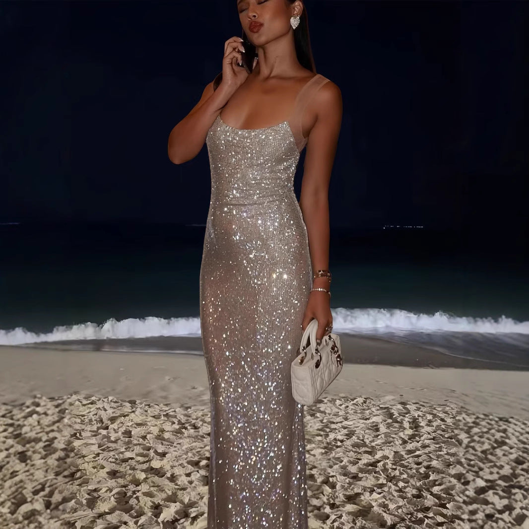 Damen Elegantes Pailletten Maxikleid mit tiefem Rundhalsausschnitt und figurformendem Schnitt R&B