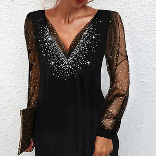 Damen elegantes Abendkleid mit glitzernden Akzenten und transparenten Ärmeln R&B