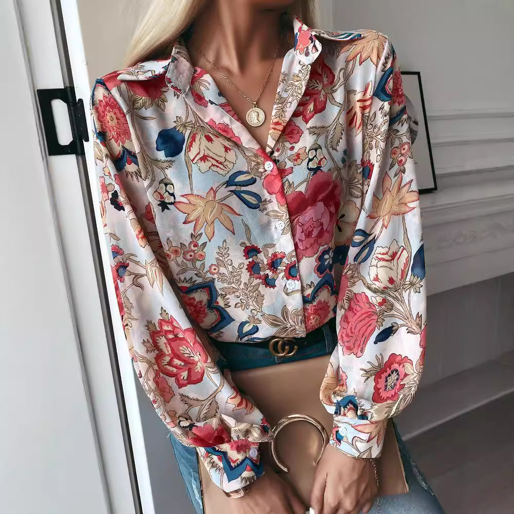 Damen elegante Bluse mit floralem Muster und modernen Puffärmeln R&B
