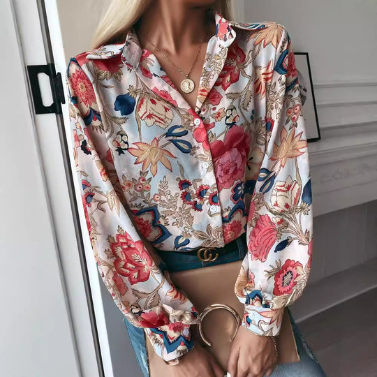 Damen elegante Bluse mit floralem Muster und modernen Puffärmeln R&B