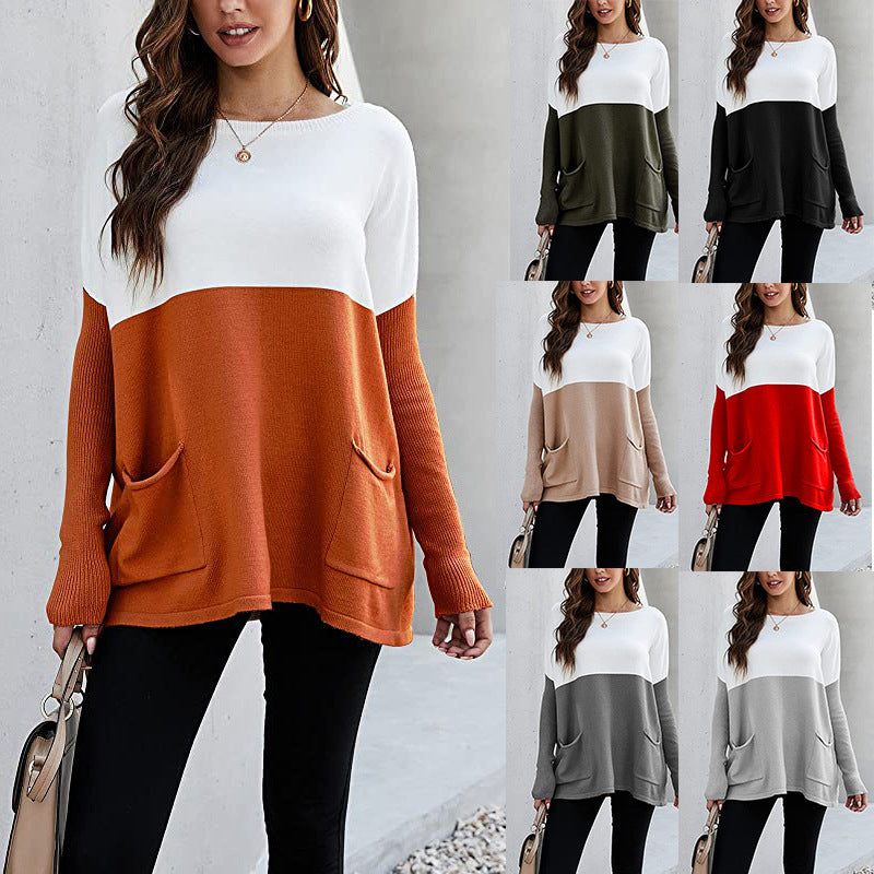 Damen Strickpullover mit großen Fronttaschen und kontrastiertem Design R&B