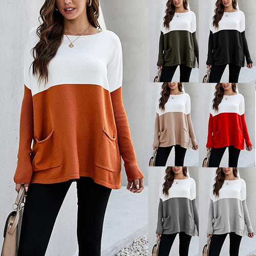 Damen Strickpullover mit großen Fronttaschen und kontrastiertem Design R&B