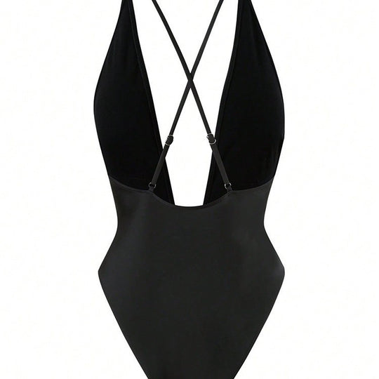 Damen Einteiler Badeanzug mit tiefem V-Ausschnitt und stilvollem Ringdetail R&B