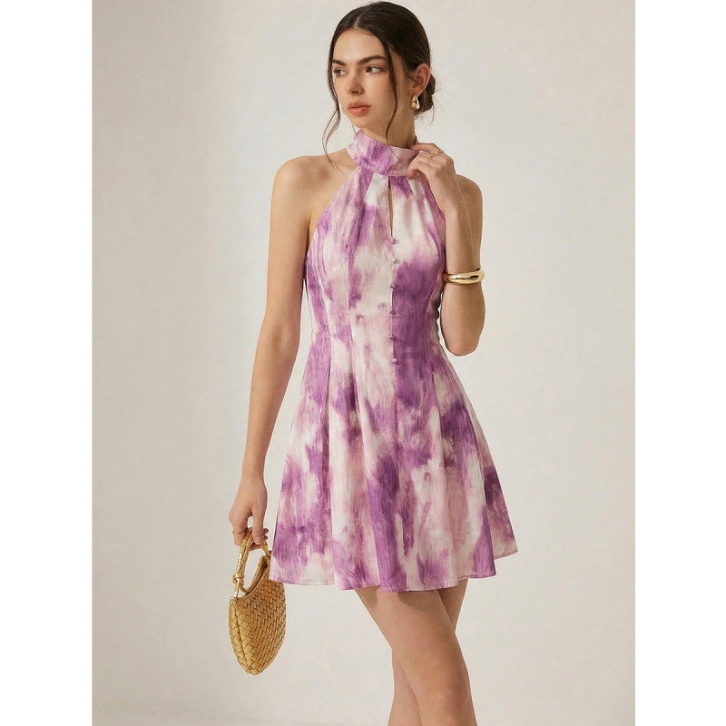 Damen Sommerliches Minikleid mit hochgeschlossenem Kragen und verspieltem Farbverlauf R&B