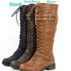 Damen Langer Schnür-Stiefel mit modischen Schnallen und robustem Profil