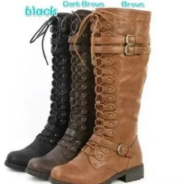 Damen Langer Schnür-Stiefel mit modischen Schnallen und robustem Profil