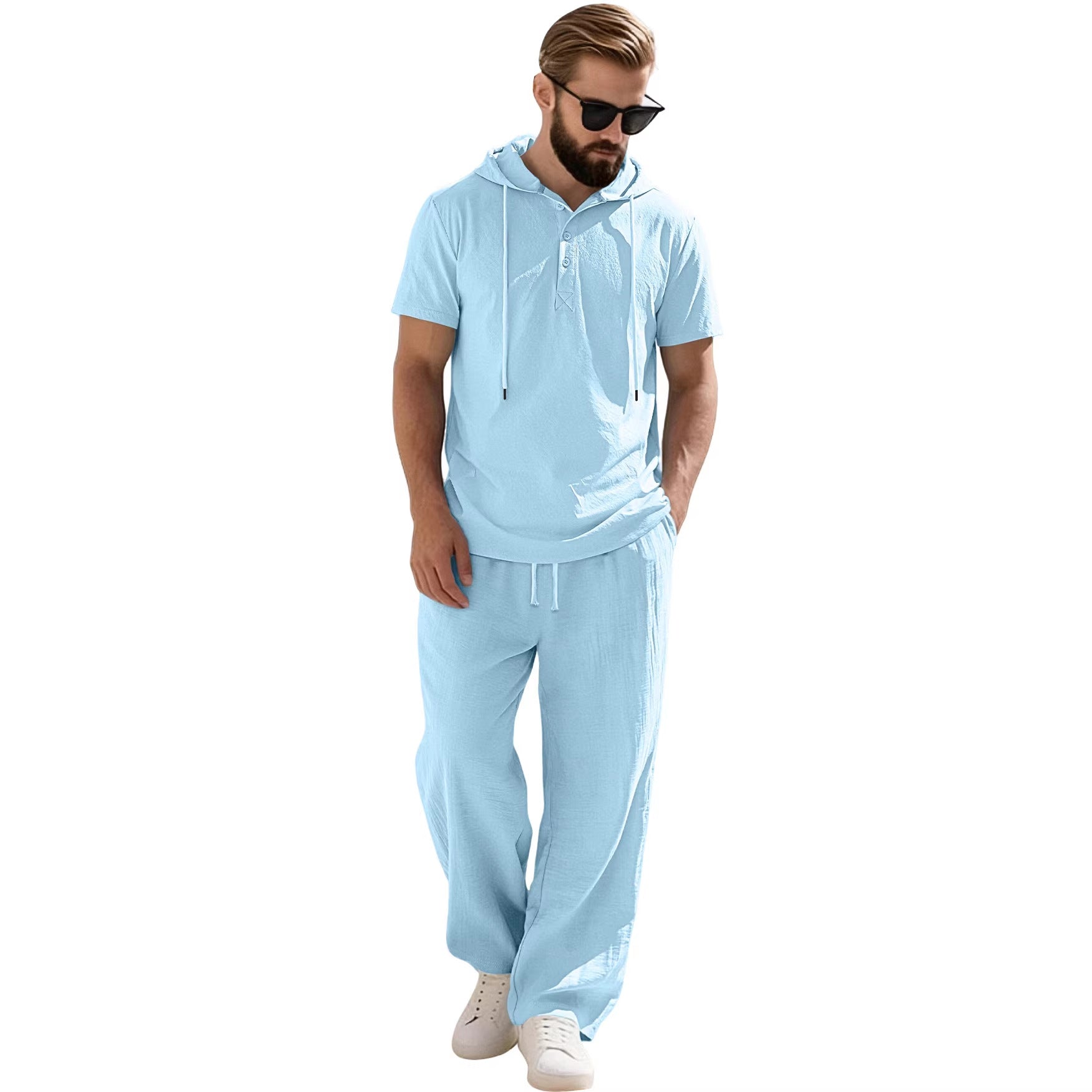 Herren nan lässiges Kurzarm-Kapuzenshirt im gekreppten Baumwollmix mit Henley-Knopfleiste R&B
