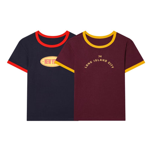 Damen Freizeit T-Shirt mit kontrastierenden Ärmeln und trendigem Schriftzug R&B