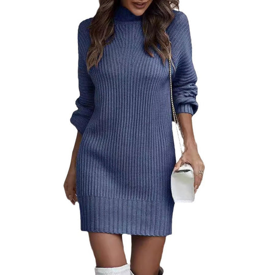 Damen Strickkleid mit hohem Kragen und modischen Rippdetails R&B