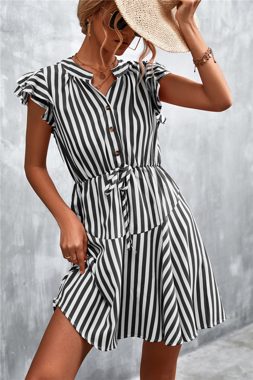 Damen Kurzarm-Kleid im angesagten Streifenlook mit Taillenzug und eleganten Rüschendetails R&B