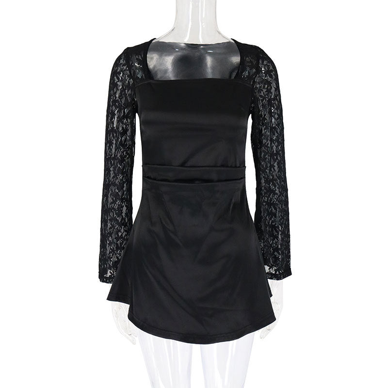Damen Elegantes Kleid mit Spitzenärmel und fließendem Rock R&B
