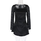 Damen Elegantes Kleid mit Spitzenärmel und fließendem Rock EB
