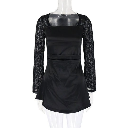 Damen Elegantes Kleid mit Spitzenärmel und fließendem Rock R&B