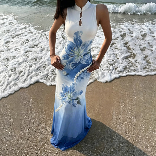 Damen Maxikleid mit floralem Druck und Perlenverzierungen R&B