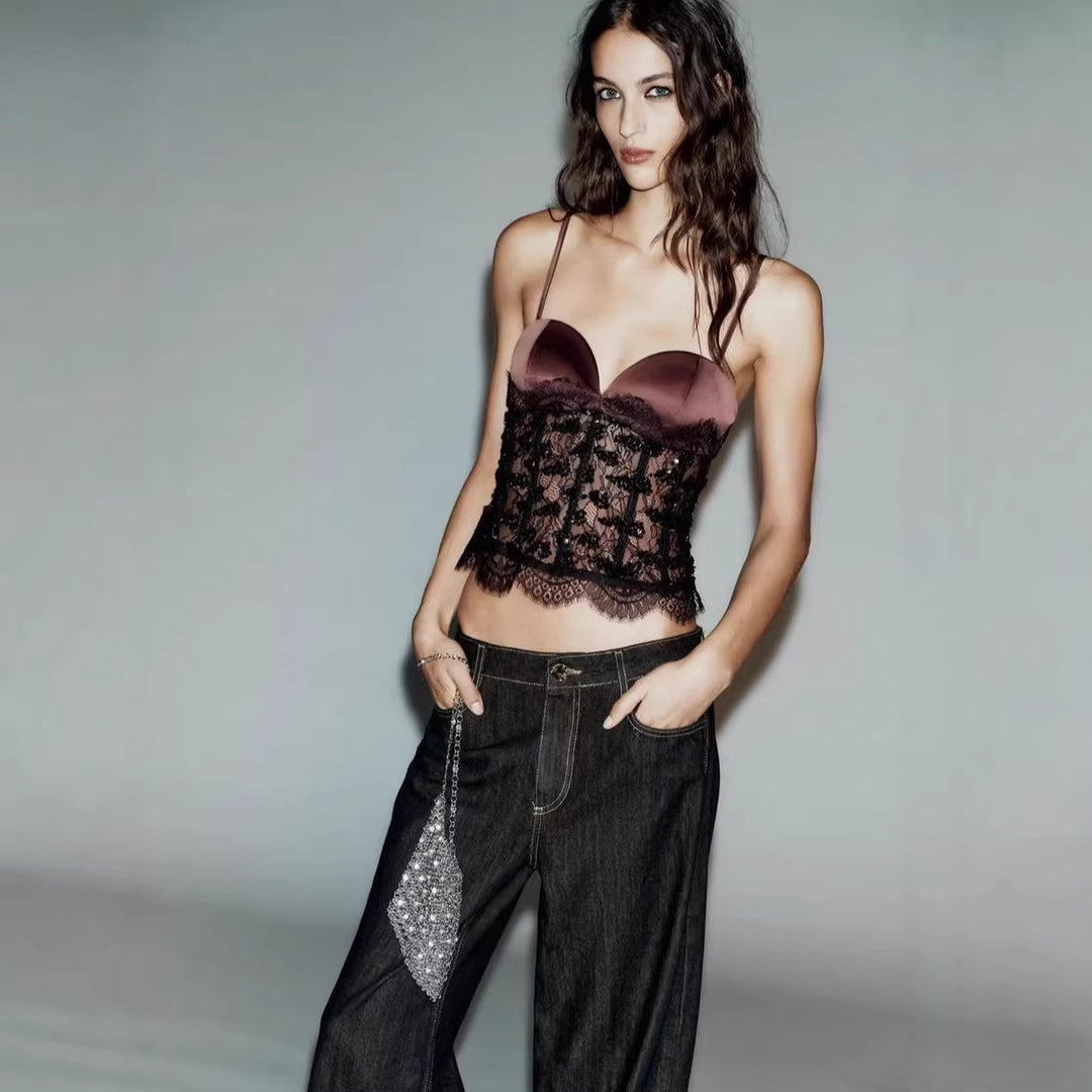 Damen Spitzen-Crop-Top mit herzförmigem Ausschnitt und eleganter Bundkante R&B