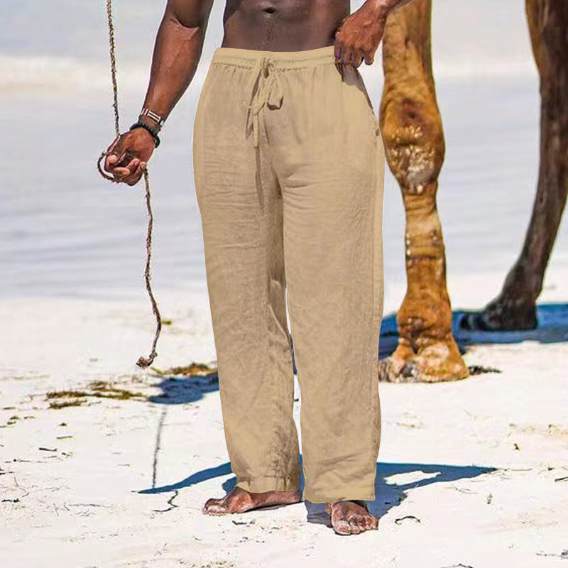 Herren lässige Strandhose aus leichtem Leinenstoff mit elastischem Bund und Kordelzug R&B