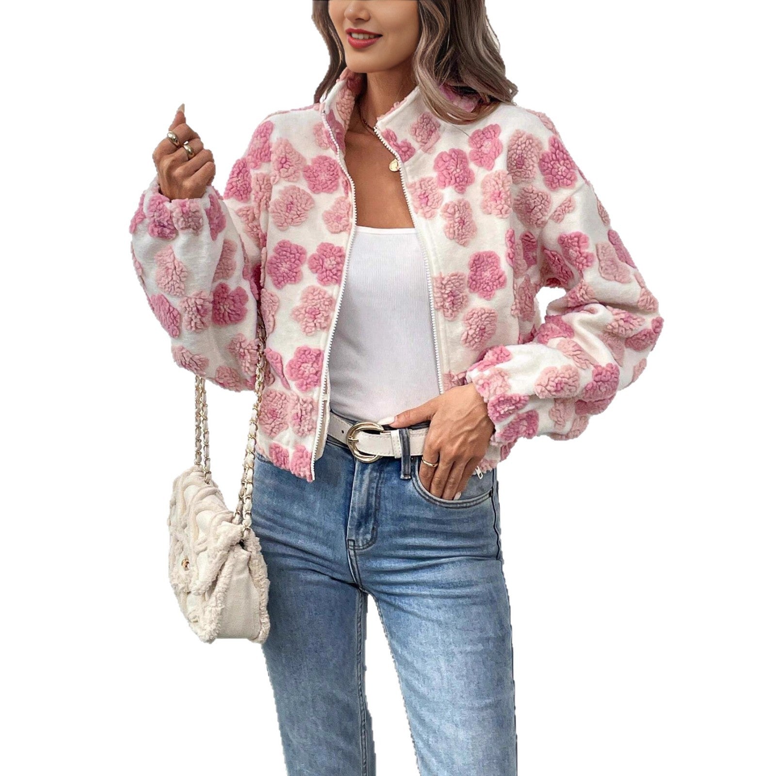 Damen Kuscheljacke mit floralem Relief-Design und Stehkragen R&B