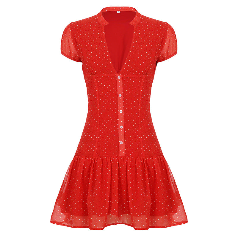 Damen Kurzarm-Kleid mit fröhlichem Punkten-Design und elegantem V-Ausschnitt R&B