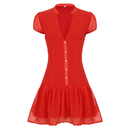 Damen verspieltes Polka Dot Kleid mit knopfbarem Ausschnitt und voluminösem Saum R&B