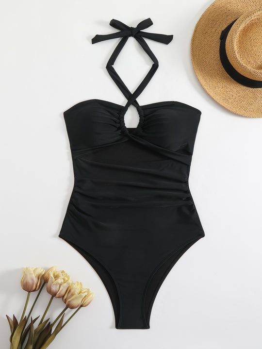 Damen Einteiliger Badeanzug mit eleganten Rüschendetails und innovativem Halterneck R&B