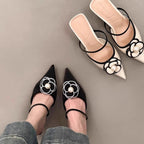 Damen Slingback Mules mit floralem Design und Perlenakzent R&B
