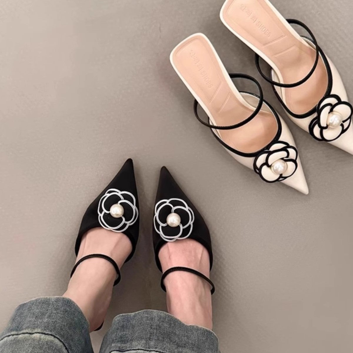 Damen Slingback Mules mit floralem Design und Perlenakzent R&B